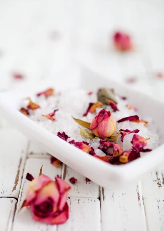 homemade bath salts with roses and mint